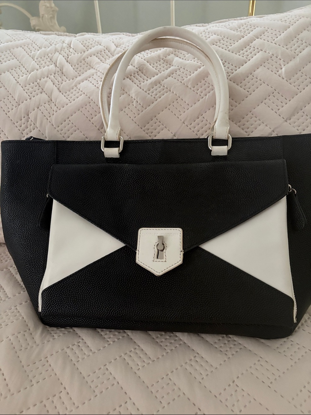 Charles Jourdan Black Satchel with White Trim